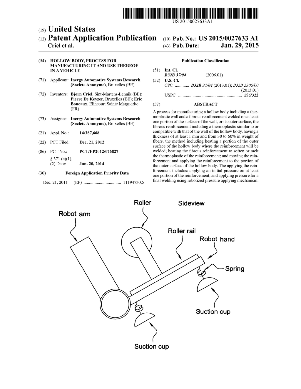 HOLLOW BODY, PROCESS FOR MANUFACTURING IT AND USE THEREOF IN A VEHICLE - diagram, schematic, and image 01