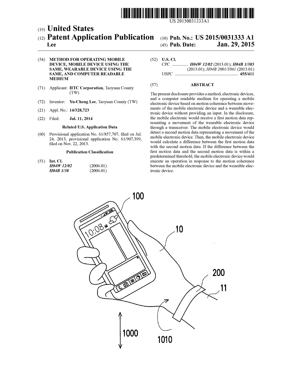 METHOD FOR OPERATING MOBILE DEVICE, MOBILE DEVICE USING THE SAME, WEARABLE     DEVICE USING THE SAME, AND COMPUTER READABLE MEDIUM - diagram, schematic, and image 01