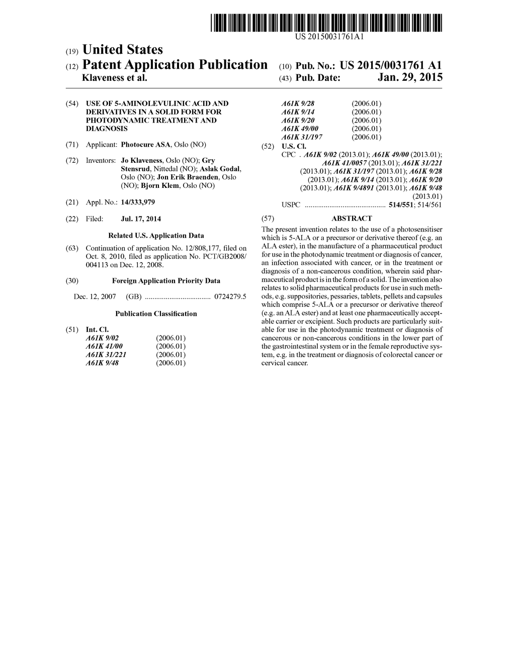 USE OF 5-AMINOLEVULINIC ACID AND DERIVATIVES IN A SOLID FORM FOR     PHOTODYNAMIC TREATMENT AND DIAGNOSIS - diagram, schematic, and image 01