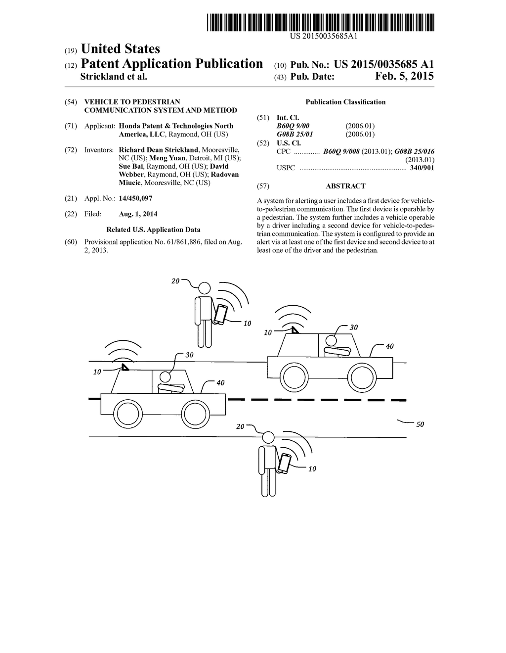 VEHICLE TO PEDESTRIAN COMMUNICATION SYSTEM AND METHOD - diagram, schematic, and image 01