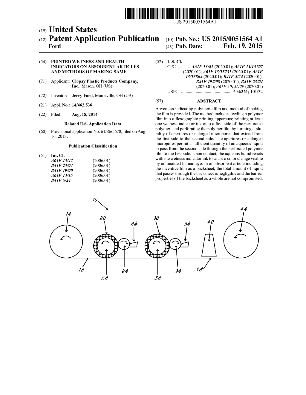 PRINTED WETNESS AND HEALTH INDICATORS ON ABSORBENT ARTICLES AND METHODS OF     MAKING SAME - diagram, schematic, and image 01