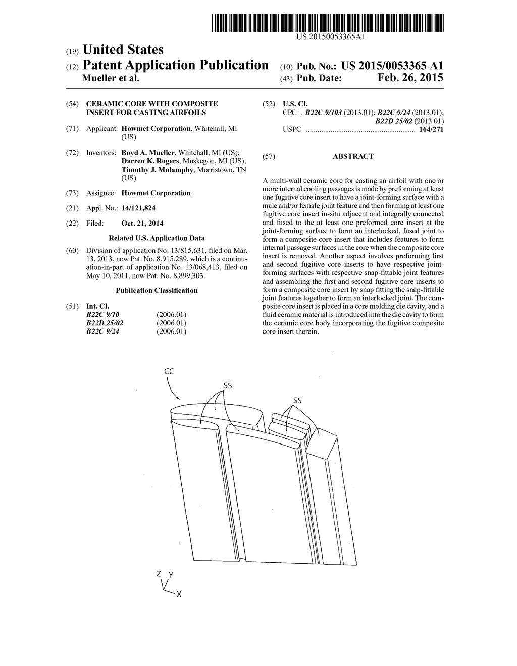 Ceramic core with composite insert for casting airfoils - diagram, schematic, and image 01