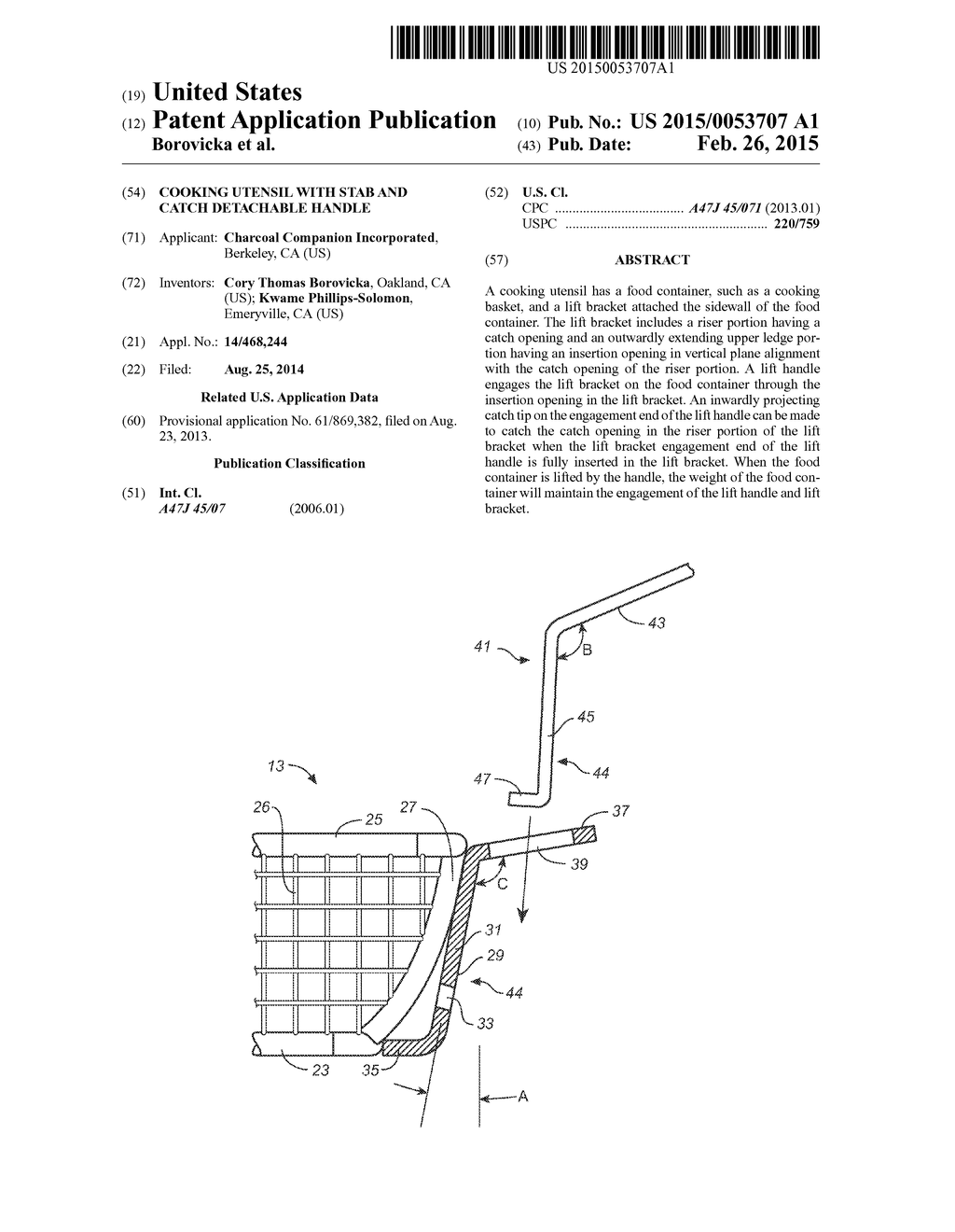 COOKING UTENSIL WITH STAB AND CATCH DETACHABLE HANDLE - diagram, schematic, and image 01