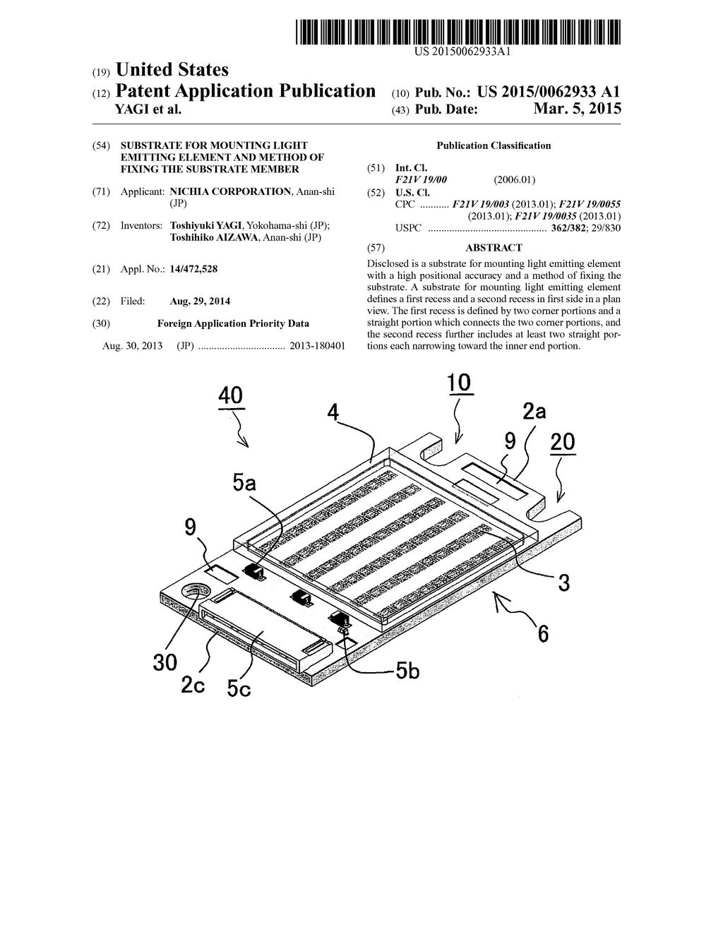 SUBSTRATE FOR MOUNTING LIGHT EMITTING ELEMENT AND METHOD OF FIXING THE     SUBSTRATE MEMBER - diagram, schematic, and image 01