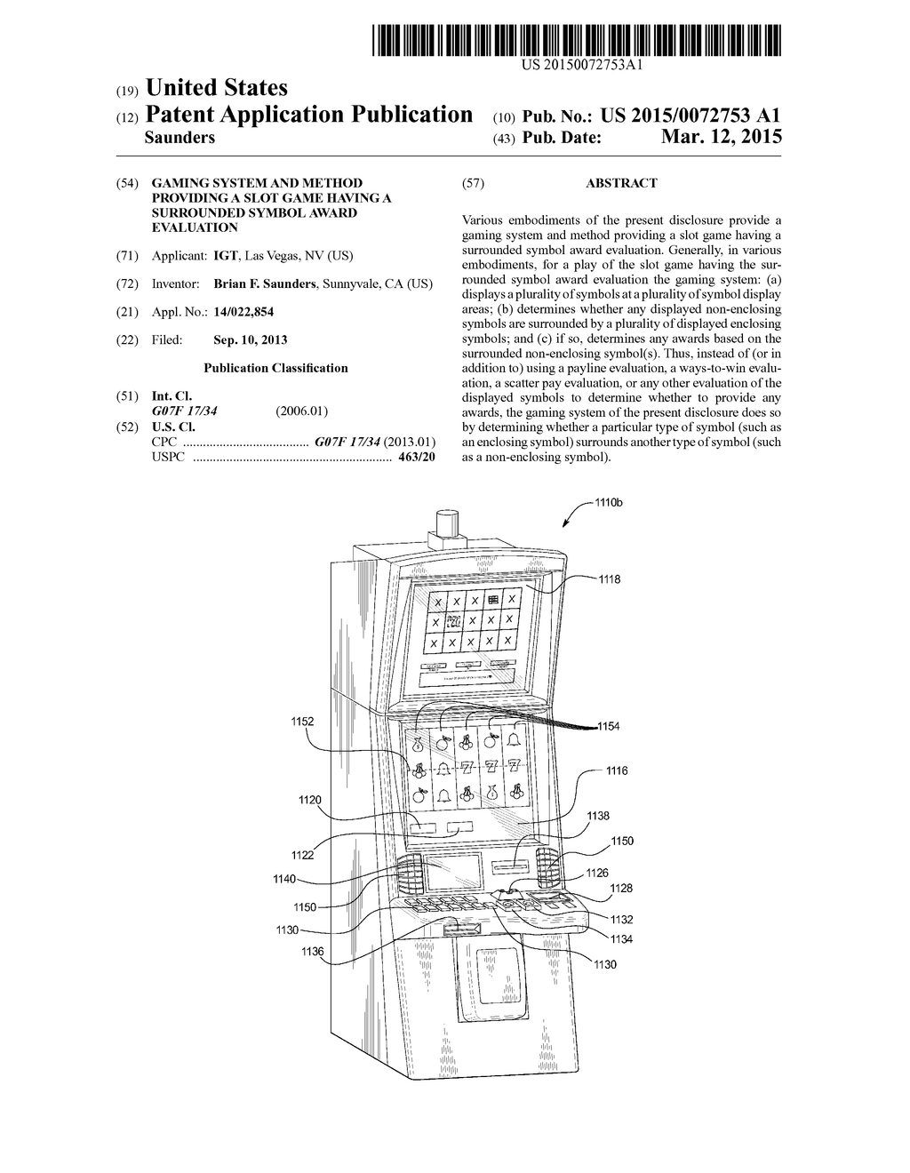 GAMING SYSTEM AND METHOD PROVIDING A SLOT GAME HAVING A SURROUNDED SYMBOL     AWARD EVALUATION - diagram, schematic, and image 01