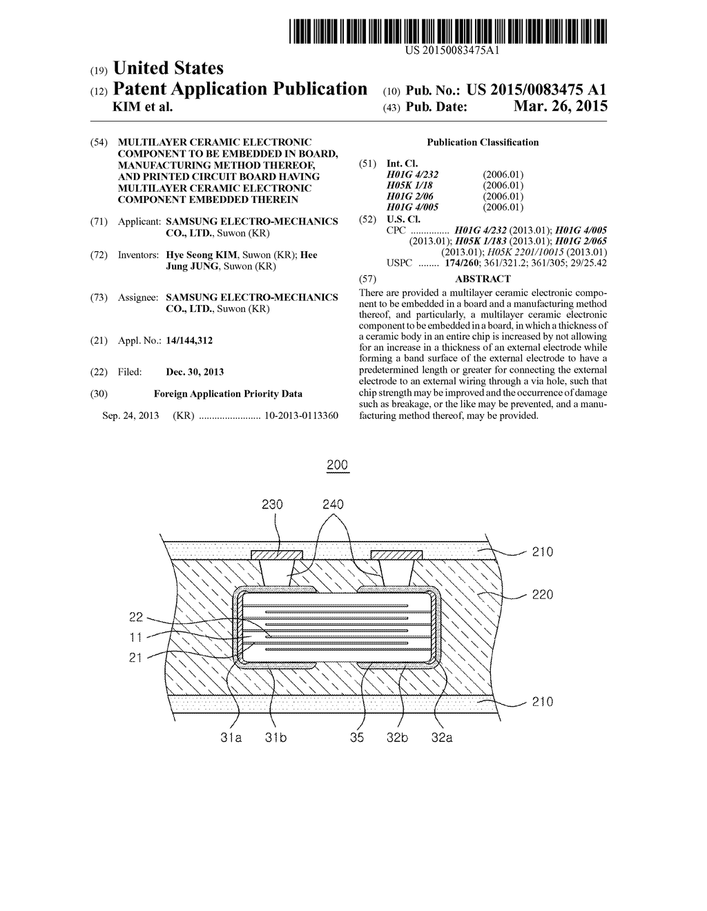 MULTILAYER CERAMIC ELECTRONIC COMPONENT TO BE EMBEDDED IN BOARD,     MANUFACTURING METHOD THEREOF, AND PRINTED CIRCUIT BOARD HAVING MULTILAYER     CERAMIC ELECTRONIC COMPONENT EMBEDDED THEREIN - diagram, schematic, and image 01