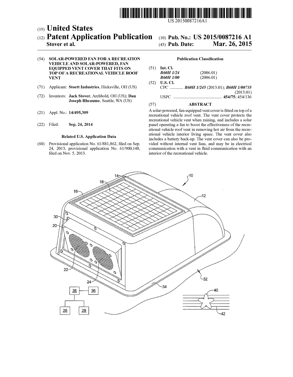 SOLAR-POWERED FAN FOR A RECREATION VEHICLE AND SOLAR-POWERED, FAN EQUIPPED     VENT COVER THAT FITS ON TOP OF A RECREATIONAL VEHICLE ROOF VENT - diagram, schematic, and image 01