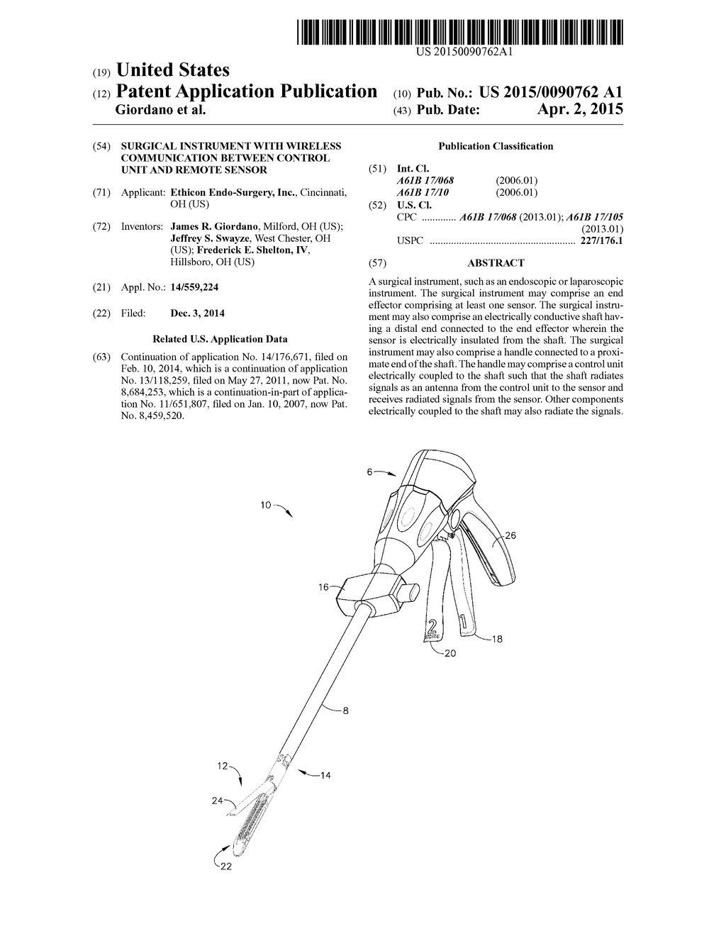 SURGICAL INSTRUMENT WITH WIRELESS COMMUNICATION BETWEEN CONTROL UNIT AND     REMOTE SENSOR - diagram, schematic, and image 01