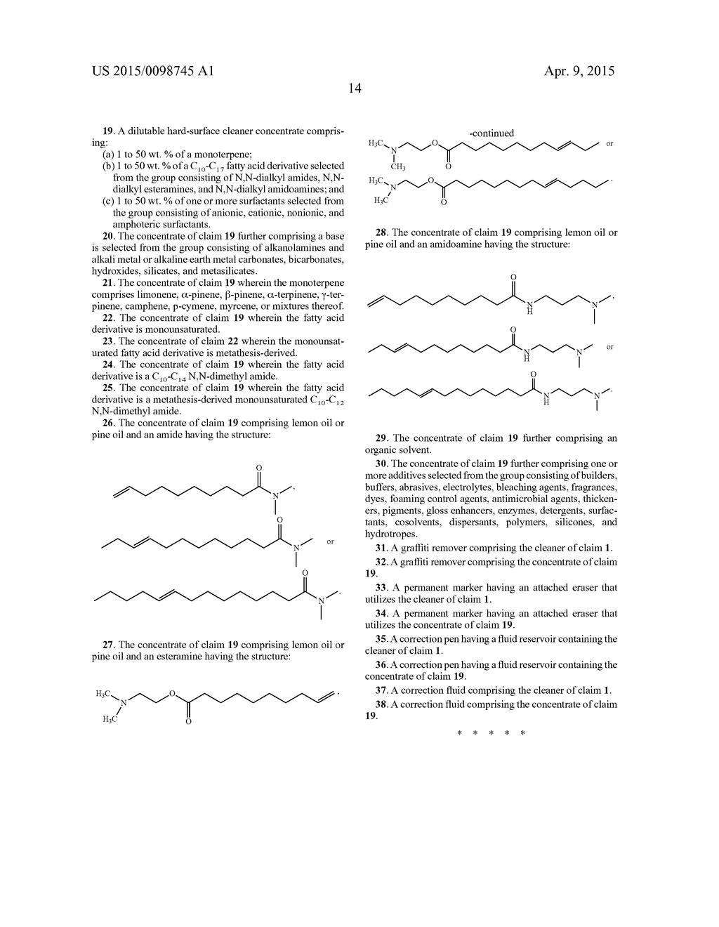 AQUEOUS HARD SURFACE CLEANERS BASED ON TERPENES AND FATTY ACID DERIVATIVES - diagram, schematic, and image 15