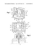 PACKAGING AND DISPENSING DEVICE COMPRISING A CLEARANCE COMPENSATION COVER diagram and image