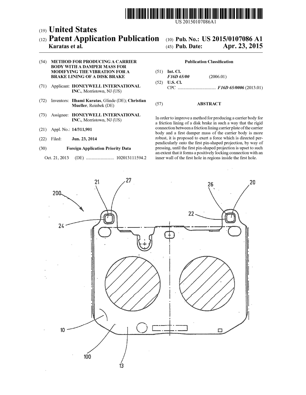 METHOD FOR PRODUCING A CARRIER BODY WITH A DAMPER MASS FOR MODIFYING THE     VIBRATION FOR A BRAKE LINING OF A DISK BRAKE - diagram, schematic, and image 01