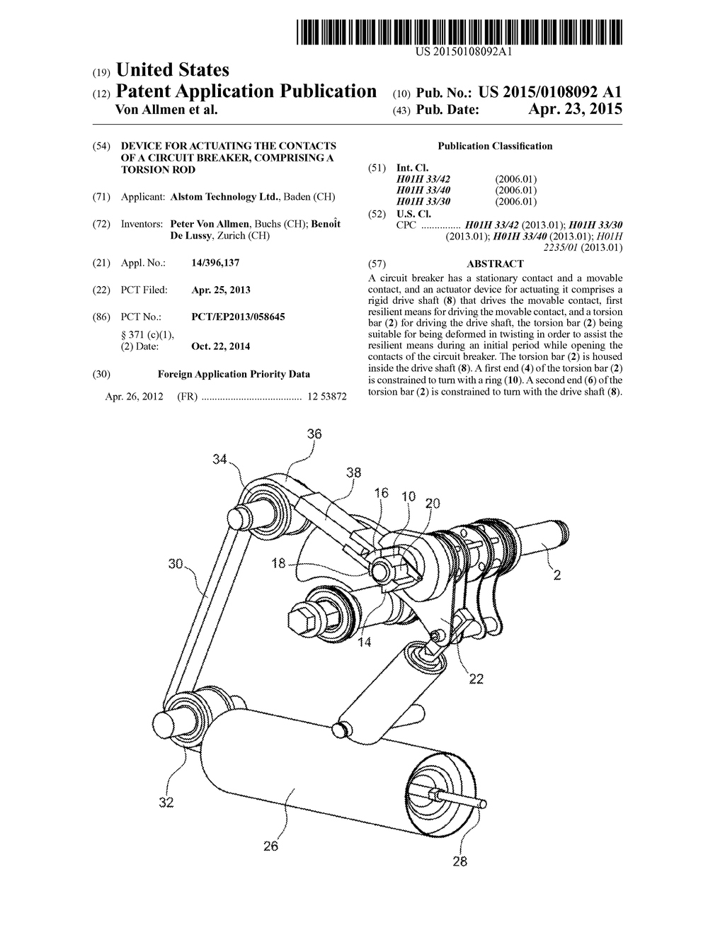 DEVICE FOR ACTUATING THE CONTACTS OF A CIRCUIT BREAKER, COMPRISING A     TORSION ROD - diagram, schematic, and image 01