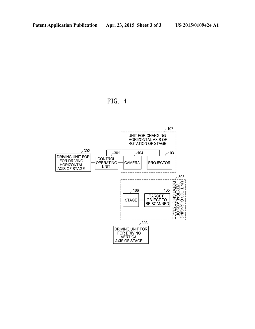 DESKTOP THREE-DIMENSIONAL SCANNER FOR DENTAL USE PROVIDED WITH TWO-AXIS     MOTION UNIT IN WHICH CAMERA AND PROJECTOR ARE COUPLED TO UNIT FOR     CHANGING HORIZONTAL AXIS OF ROTATION OF STAGE - diagram, schematic, and image 04