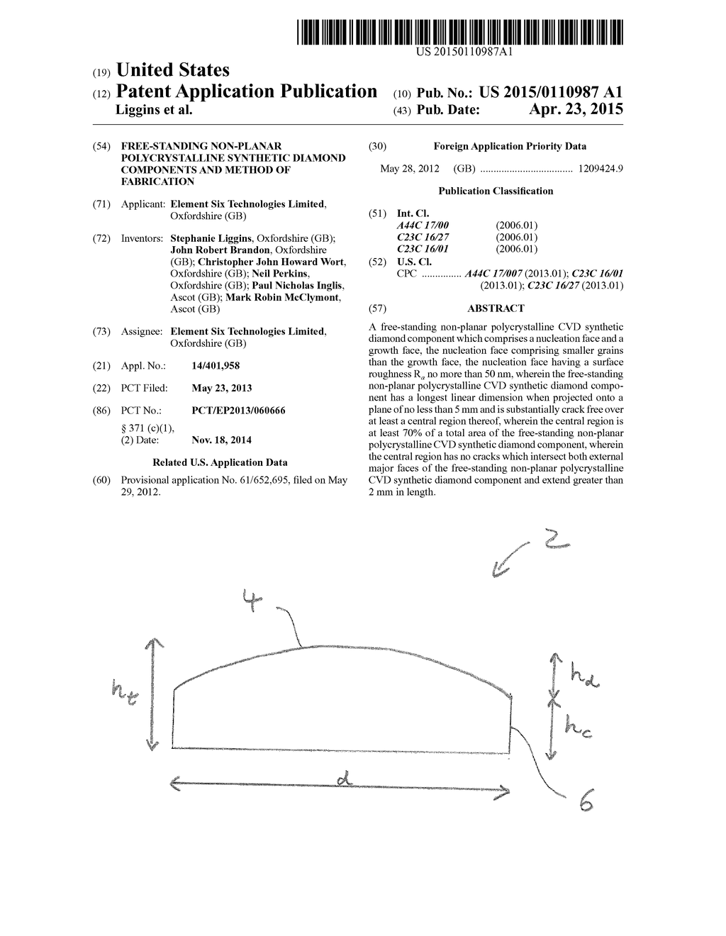 FREE-STANDING NON-PLANAR POLYCRYSTALLINE SYNTHETIC DIAMOND COMPONENTS AND     METHOD OF FABRICATION - diagram, schematic, and image 01