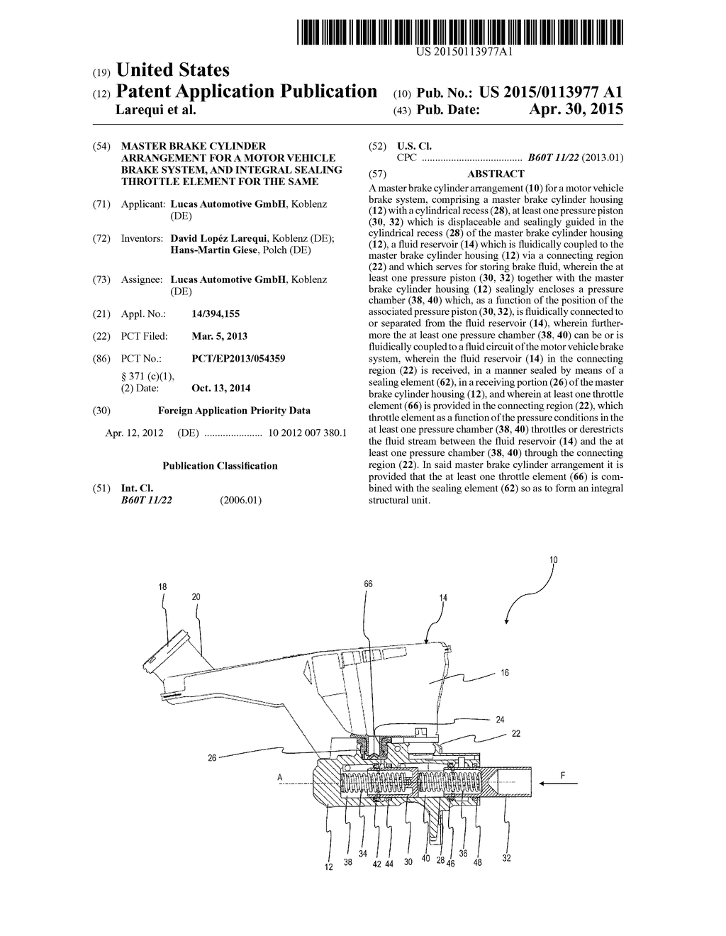 Master Brake Cylinder Arrangement for a Motor Vehicle Brake System, and     Integral Sealing Throttle Element for the Same - diagram, schematic, and image 01