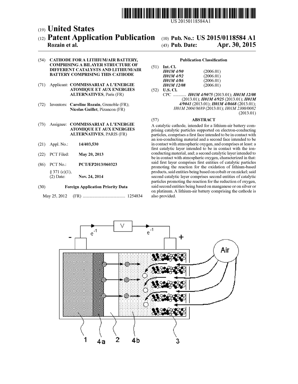 CATHODE FOR A LITHIUM/AIR BATTERY, COMPRISING A BILAYER STRUCTURE OF     DIFFERENT CATALYSTS AND LITHIUM/AIR BATTERY COMPRISING THIS CATHODE - diagram, schematic, and image 01