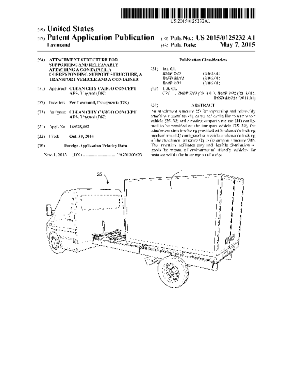 ATTACHMENT STRUCTURE FOR SUPPORTING AND RELEASABLY ATTACHING A CONTAINER,     A CORRESPONDING SUPPORT STRUCTURE, A TRANSPORT VEHICLE AND A CONTAINER - diagram, schematic, and image 01