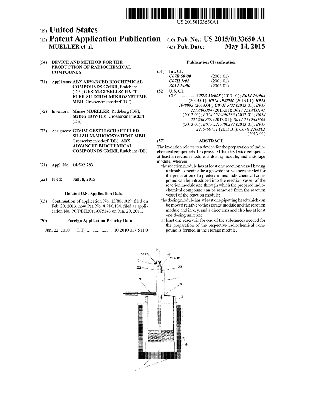 DEVICE AND METHOD FOR THE PRODUCTION OF RADIOCHEMICAL COMPOUNDS - diagram, schematic, and image 01