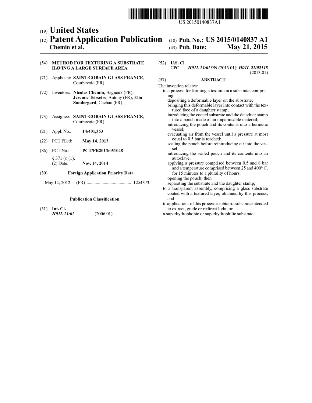 METHOD FOR TEXTURING A SUBSTRATE HAVING A LARGE SURFACE AREA - diagram, schematic, and image 01