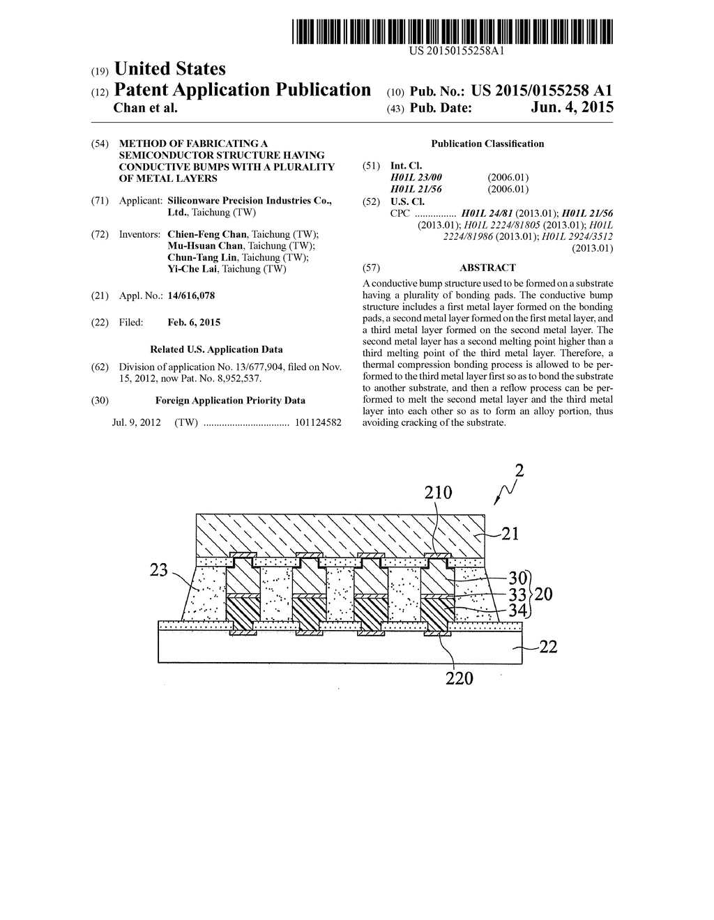 METHOD OF FABRICATING A SEMICONDUCTOR STRUCTURE HAVING CONDUCTIVE BUMPS     WITH A PLURALITY OF METAL LAYERS - diagram, schematic, and image 01