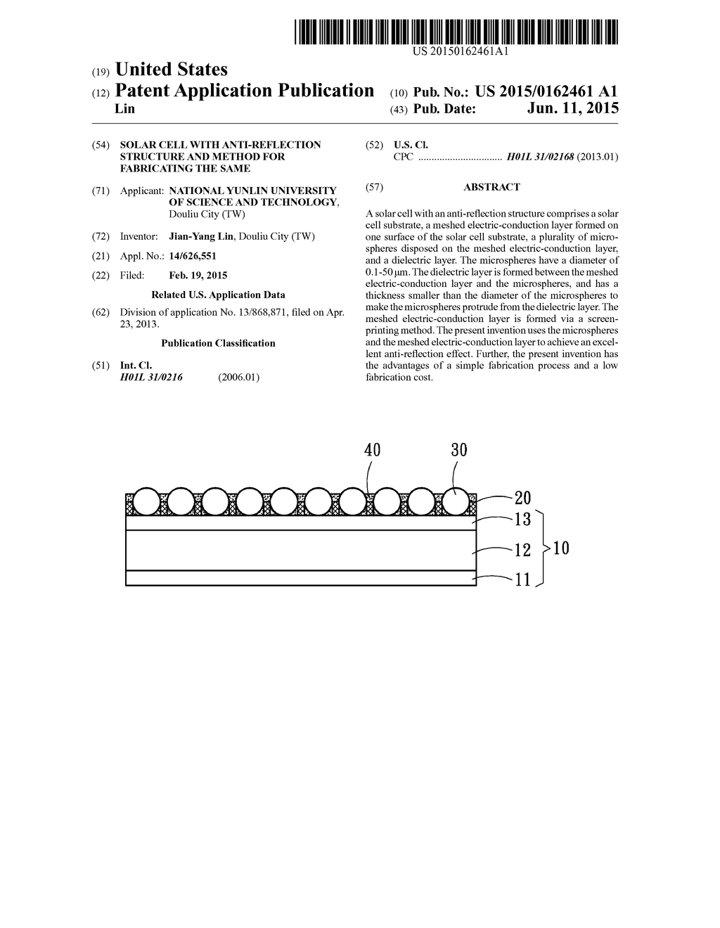 SOLAR CELL WITH ANTI-REFLECTION STRUCTURE AND METHOD FOR FABRICATING THE     SAME - diagram, schematic, and image 01