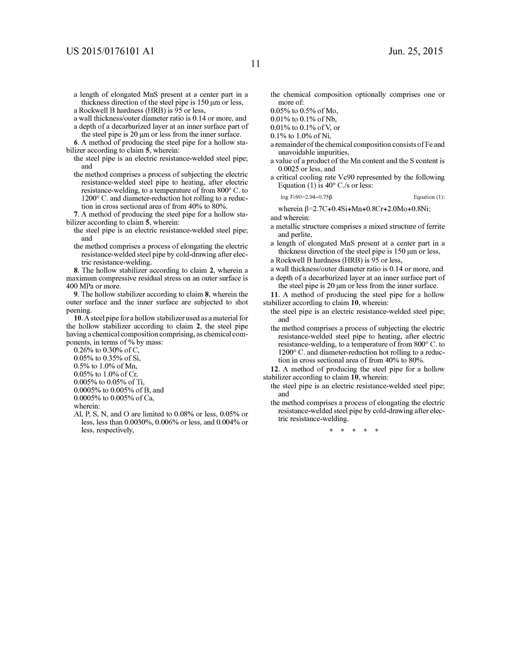 HOLLOW STABILIZER, AND STEEL PIPE FOR HOLLOW STABILIZERS AND METHOD OF     PRODUCING THE SAME - diagram, schematic, and image 20