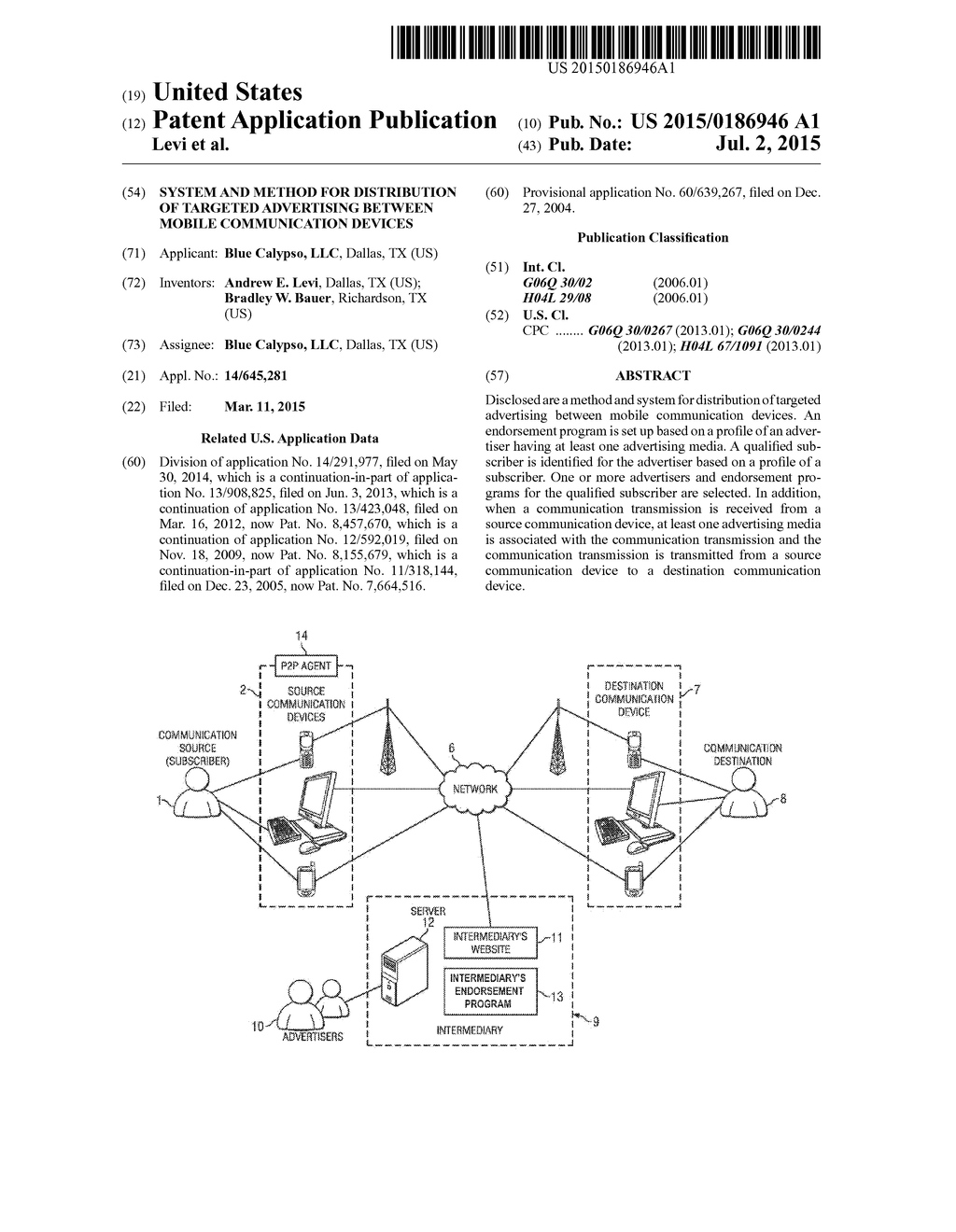 SYSTEM AND METHOD FOR DISTRIBUTION OF TARGETED ADVERTISING BETWEEN MOBILE     COMMUNICATION DEVICES - diagram, schematic, and image 01