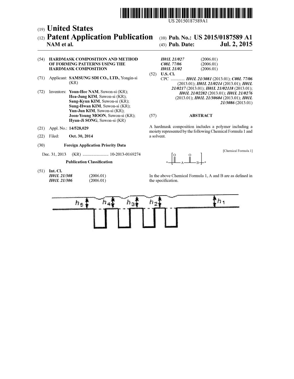 HARDMASK COMPOSITION AND METHOD OF FORMING PATTERNS USING THE HARDMASK     COMPOSITION - diagram, schematic, and image 01