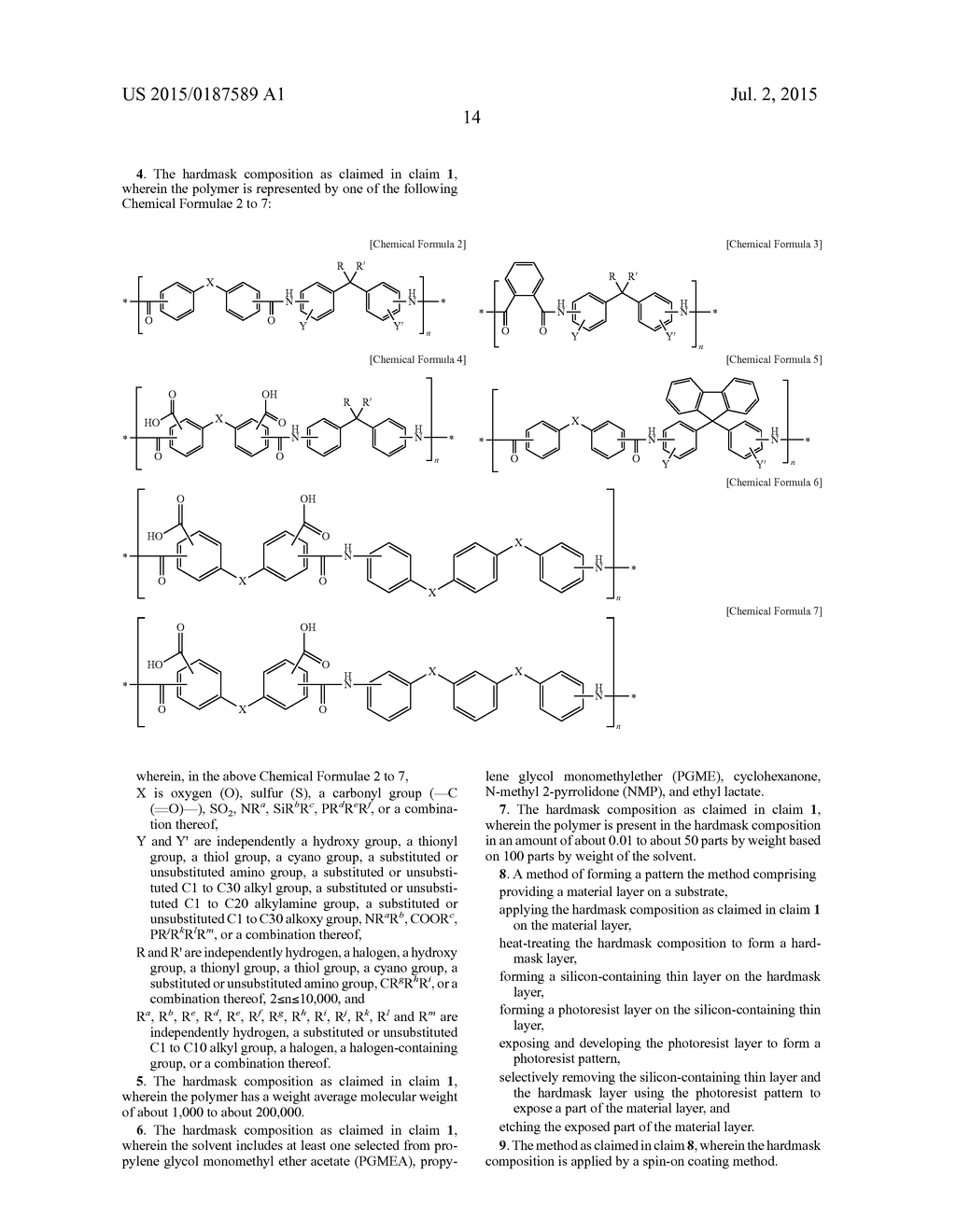 HARDMASK COMPOSITION AND METHOD OF FORMING PATTERNS USING THE HARDMASK     COMPOSITION - diagram, schematic, and image 16
