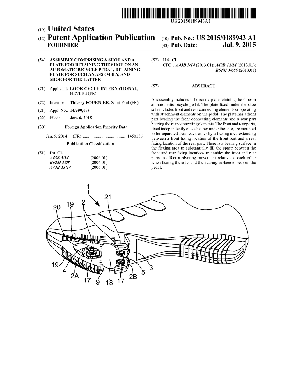 ASSEMBLY COMPRISING A SHOE AND A PLATE FOR RETAINING THE SHOE ON AN     AUTOMATIC BICYCLE PEDAL, RETAINING PLATE FOR SUCH AN ASSEMBLY, AND SHOE     FOR THE LATTER - diagram, schematic, and image 01