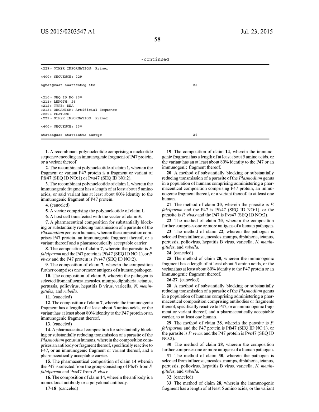 USE OF P47 FROM PLASMODIUM FALCIPARUM (PFS47) OR PLASMODIUM VIVAX (PVS47)     AS A VACCINE OR DRUG SCREENING TARGETS FOR THE INHIBITION OF HUMAN     MALARIA TRANSMISSION - diagram, schematic, and image 71