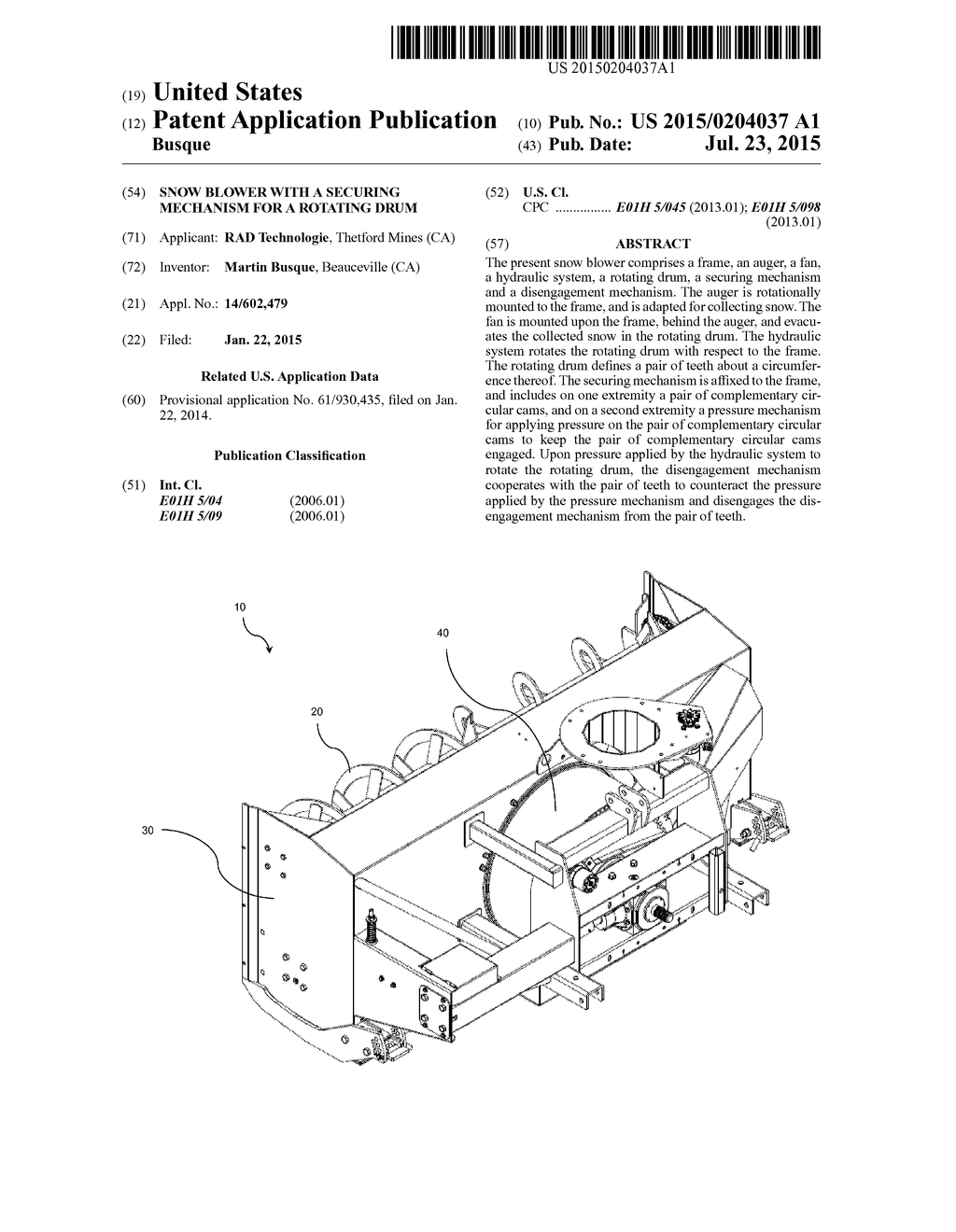 SNOW BLOWER WITH A SECURING MECHANISM FOR A ROTATING DRUM - diagram, schematic, and image 01