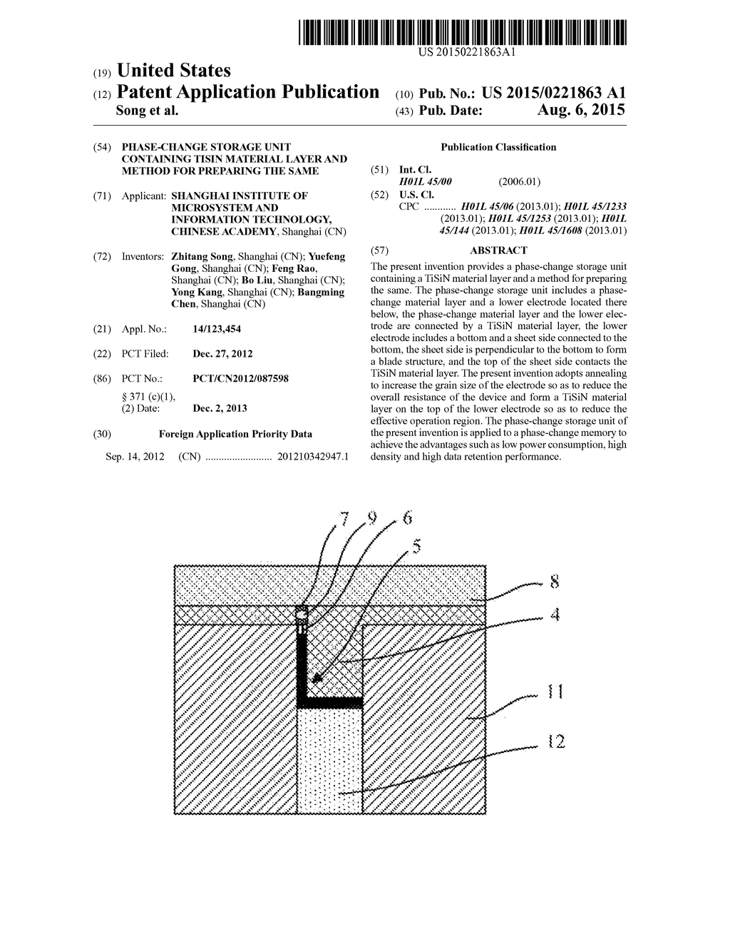 Phase-Change Storage Unit Containing TiSiN Material Layer and Method for     Preparing the Same - diagram, schematic, and image 01