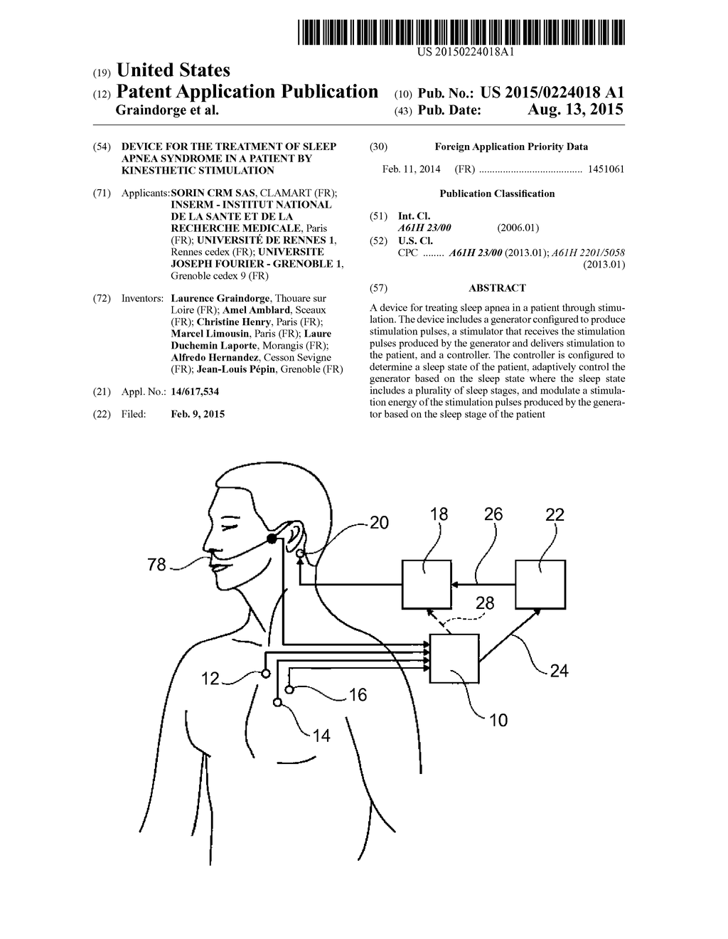 DEVICE FOR THE TREATMENT OF SLEEP APNEA SYNDROME IN A PATIENT BY     KINESTHETIC STIMULATION - diagram, schematic, and image 01