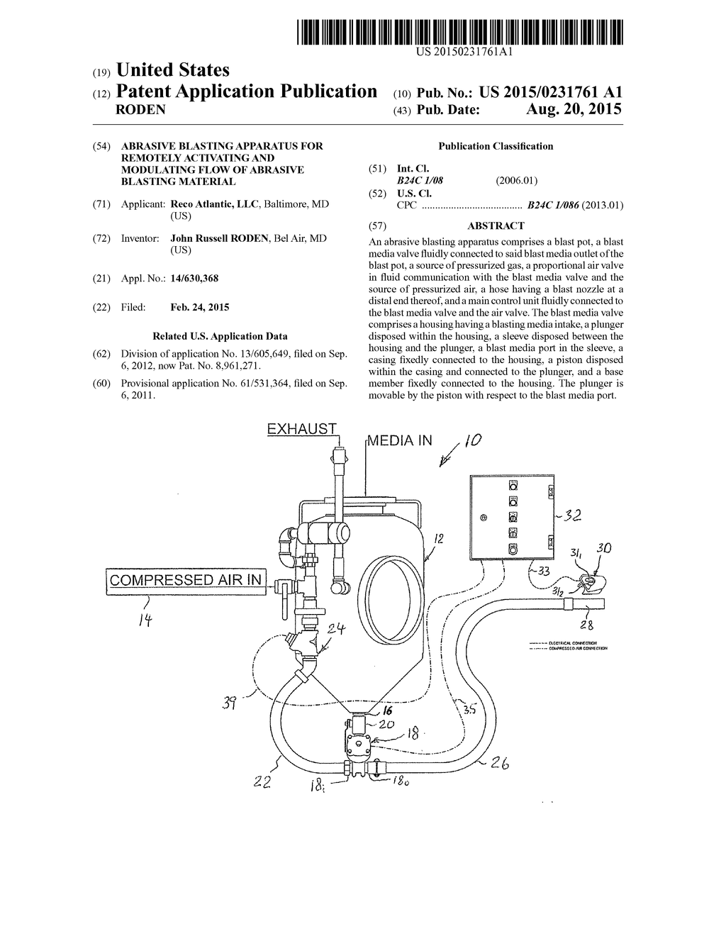 ABRASIVE BLASTING APPARATUS FOR REMOTELY ACTIVATING AND MODULATING FLOW OF     ABRASIVE BLASTING MATERIAL - diagram, schematic, and image 01