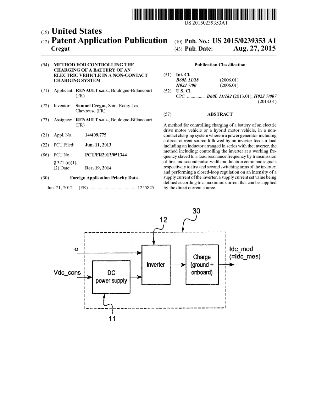 METHOD FOR CONTROLLING THE CHARGING OF A BATTERY OF AN ELECTRIC VEHICLE IN     A NON-CONTACT CHARGING SYSTEM - diagram, schematic, and image 01