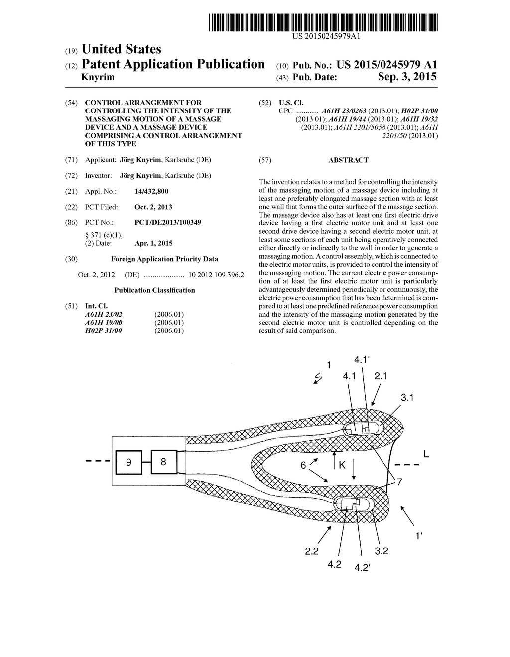 Control Arrangement for Controlling the Intensity of the Massaging Motion     of a Massage Device and a Massage Device Comprising a Control Arrangement     of this Type - diagram, schematic, and image 01