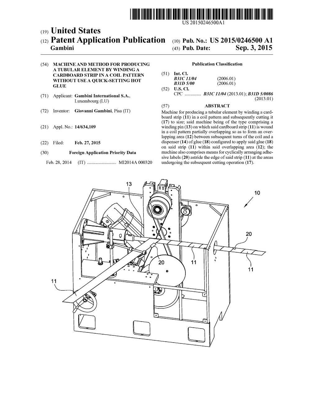 MACHINE AND METHOD FOR PRODUCING A TUBULAR ELEMENT BY WINDING A CARDBOARD     STRIP IN A COIL PATTERN WITHOUT USE A QUICK-SETTING HOT GLUE - diagram, schematic, and image 01