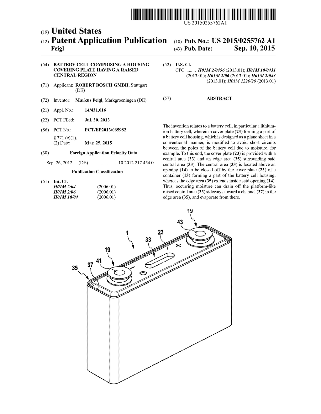 BATTERY CELL COMPRISING A HOUSING COVERING PLATE HAVING A RAISED CENTRAL     REGION - diagram, schematic, and image 01