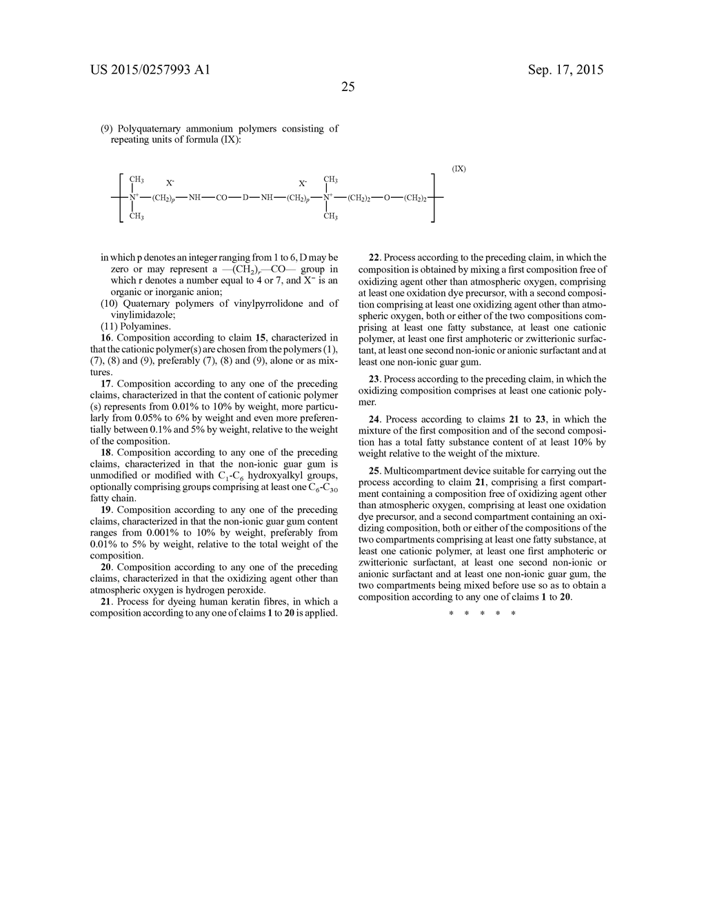 DYEING COMPOSITION COMPRISING A FATTY SUBSTANCE, A NON-IONIC GUAR GUM, AN     AMPHOTERIC SURFACTANT AND A NON-IONIC OR ANIONIC SURFACTANT, AND AN     OXIDIZING AGENT, DYEING PROCESS AND SUITABLE DEVICE - diagram, schematic, and image 26