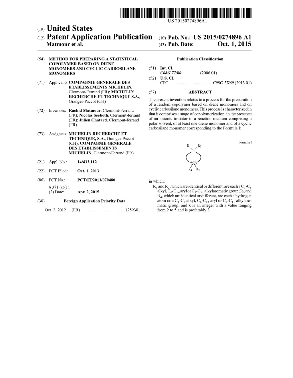 METHOD FOR PREPARING A STATISTICAL COPOLYMER BASED ON DIENE MONOMERS AND     CYCLIC CARBOSILANE MONOMERS - diagram, schematic, and image 01