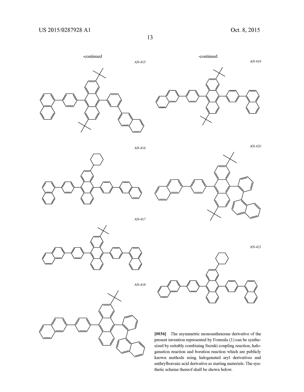 ASYMMETRIC MONOANTHRACENE DERIVATIVE, MATERIAL FOR ORGANIC     ELECTROLUMINESCENT DEVICE AND ORGANIC ELECTROLUMINESCENT DEVICE UTILIZING     THE SAME - diagram, schematic, and image 14