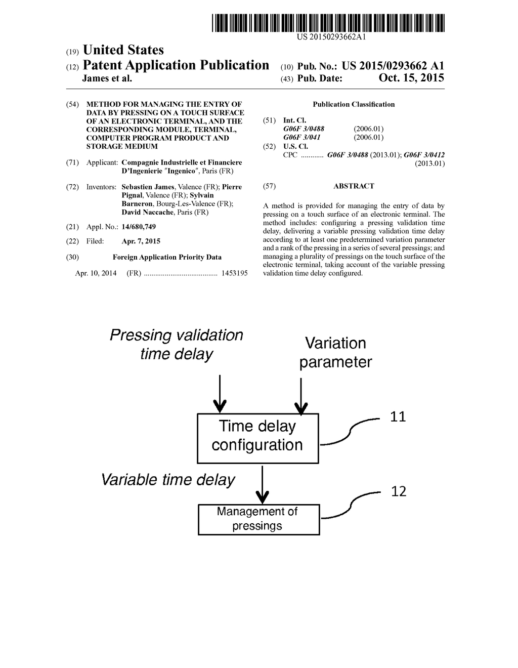 METHOD FOR MANAGING THE ENTRY OF DATA BY PRESSING ON A TOUCH SURFACE OF AN     ELECTRONIC TERMINAL, AND THE CORRESPONDING MODULE, TERMINAL, COMPUTER     PROGRAM PRODUCT AND STORAGE MEDIUM - diagram, schematic, and image 01