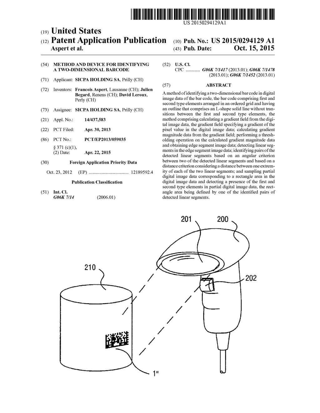 METHOD AND DEVICE FOR IDENTIFYING A TWO-DIMENSIONAL BARCODE - diagram, schematic, and image 01