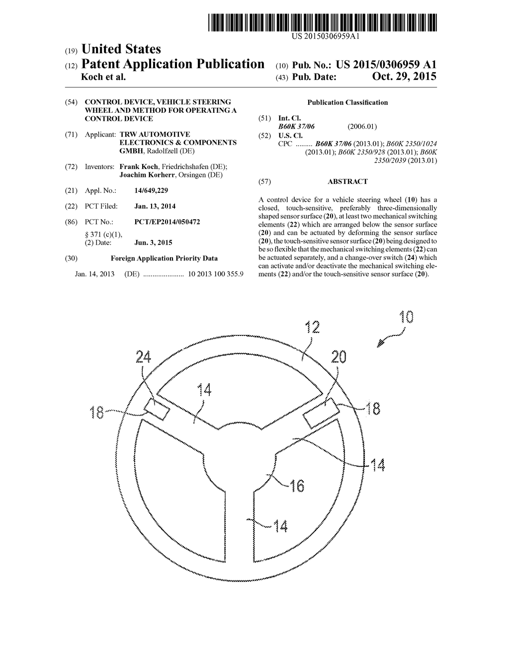 CONTROL DEVICE, VEHICLE STEERING WHEEL AND METHOD FOR OPERATING A CONTROL     DEVICE - diagram, schematic, and image 01