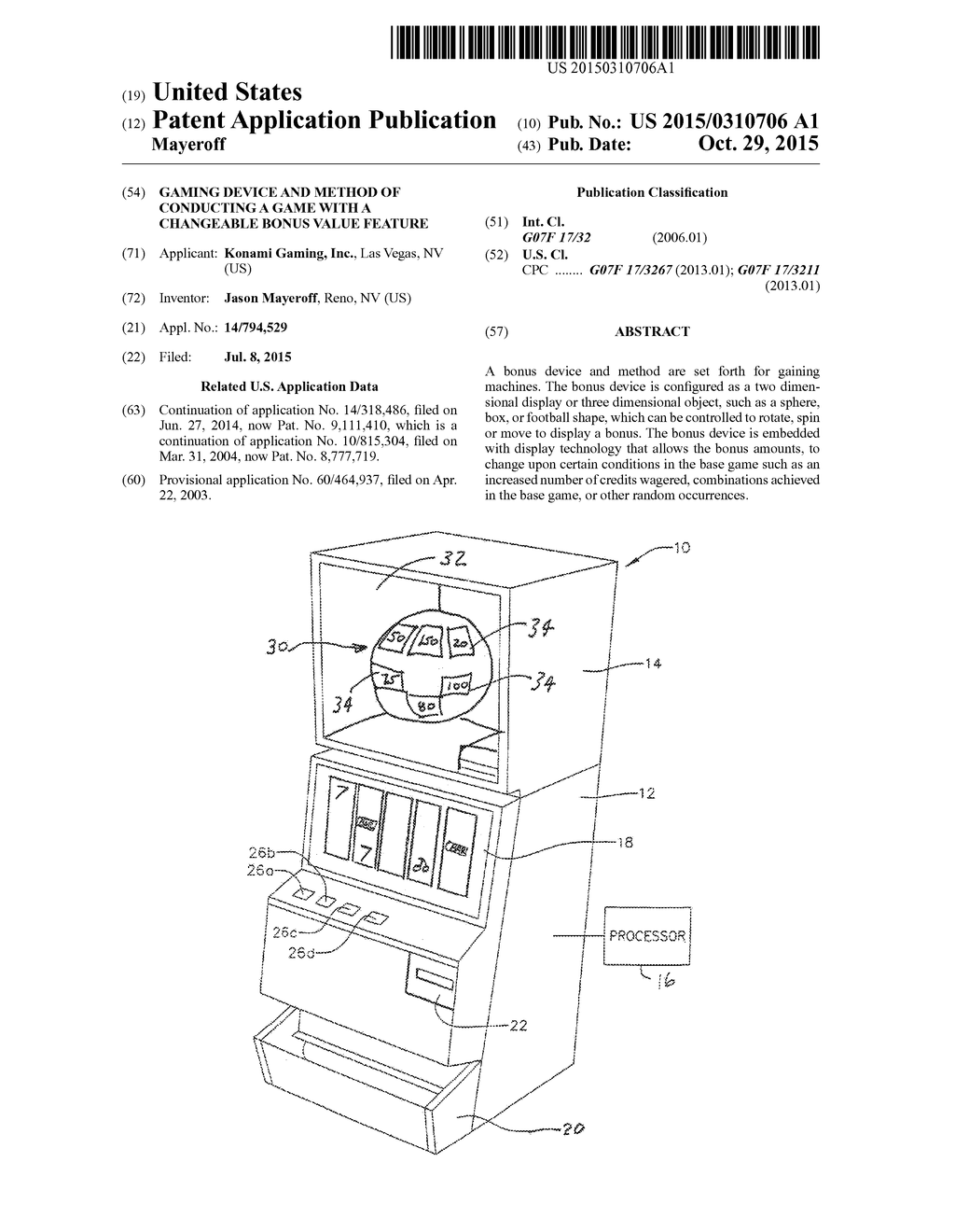 GAMING DEVICE AND METHOD OF CONDUCTING A GAME WITH A CHANGEABLE BONUS     VALUE FEATURE - diagram, schematic, and image 01