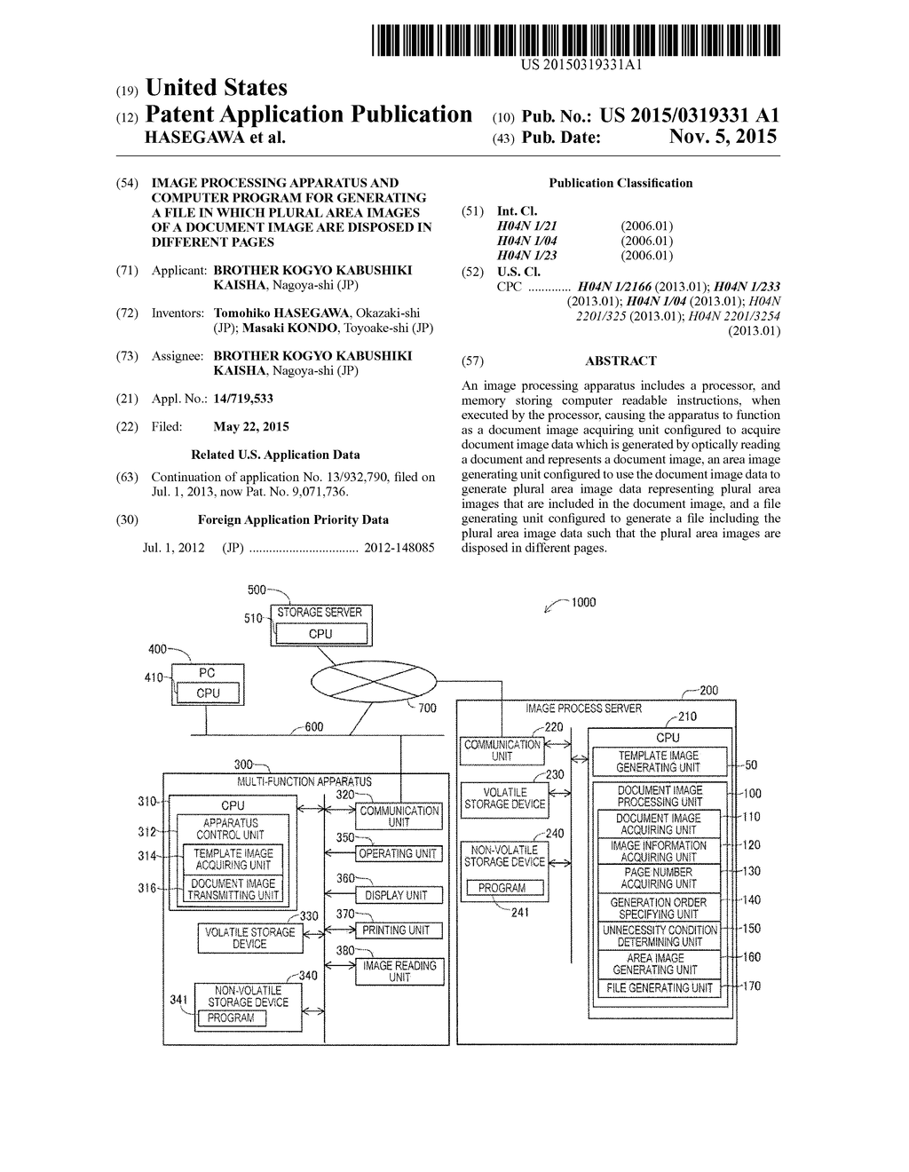 IMAGE PROCESSING APPARATUS AND COMPUTER PROGRAM FOR GENERATING A FILE IN     WHICH PLURAL AREA IMAGES OF A DOCUMENT IMAGE ARE DISPOSED IN DIFFERENT     PAGES - diagram, schematic, and image 01