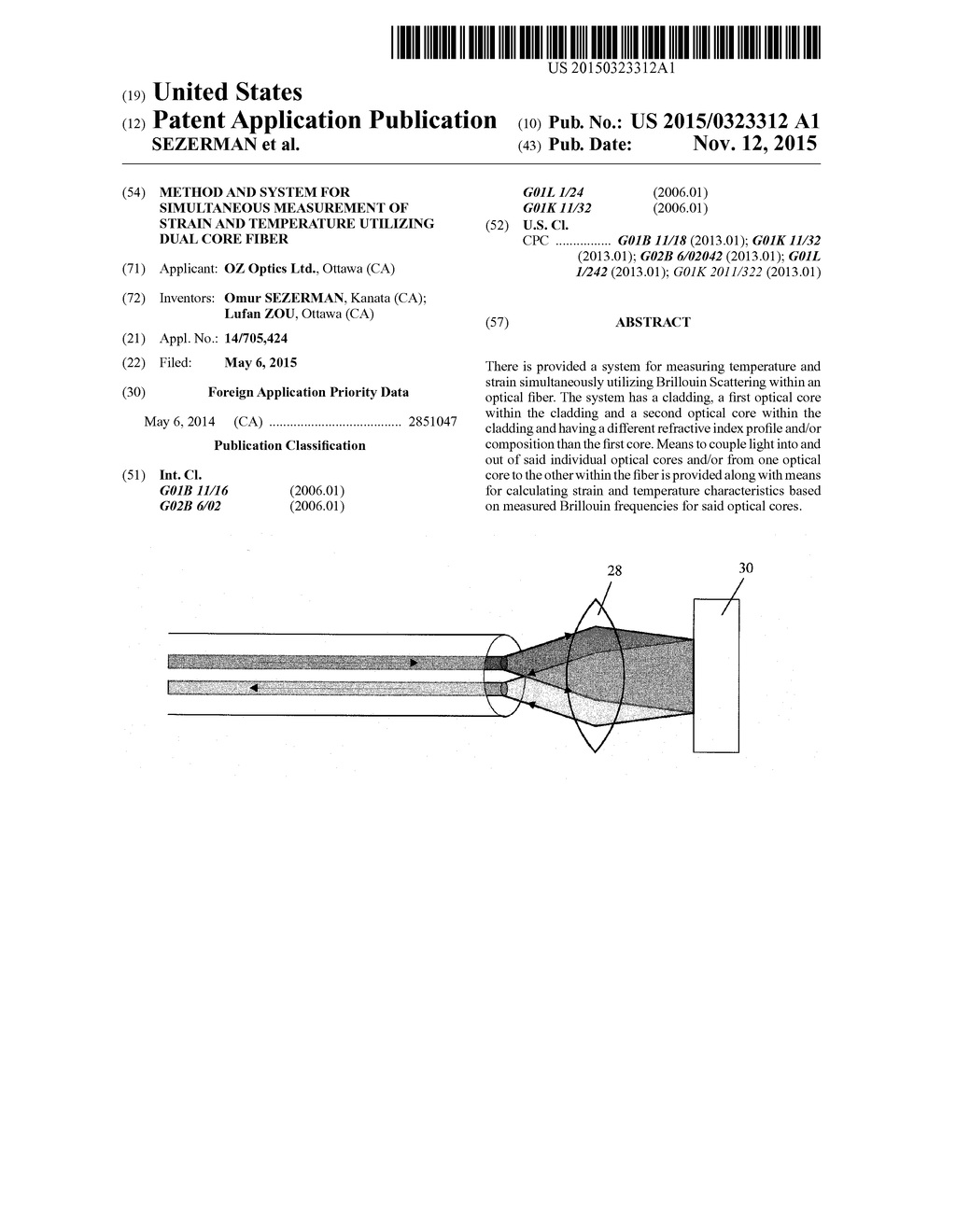 METHOD AND SYSTEM FOR SIMULTANEOUS MEASUREMENT OF STRAIN AND TEMPERATURE     UTILIZING DUAL CORE FIBER - diagram, schematic, and image 01