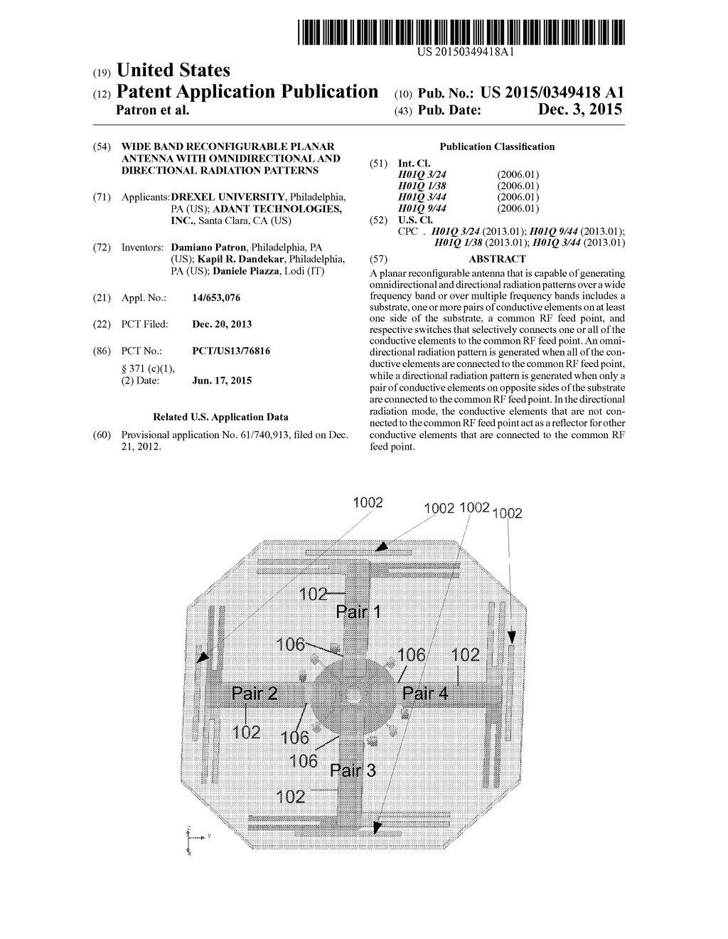 WIDE BAND RECONFIGURABLE PLANAR ANTENNA WITH OMNIDIRECTIONAL AND     DIRECTIONAL RADIATION PATTERNS - diagram, schematic, and image 01