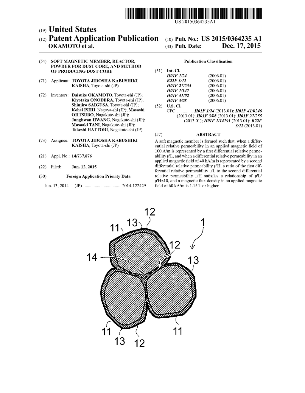 SOFT MAGNETIC MEMBER, REACTOR, POWDER FOR DUST CORE, AND METHOD OF     PRODUCING DUST CORE - diagram, schematic, and image 01